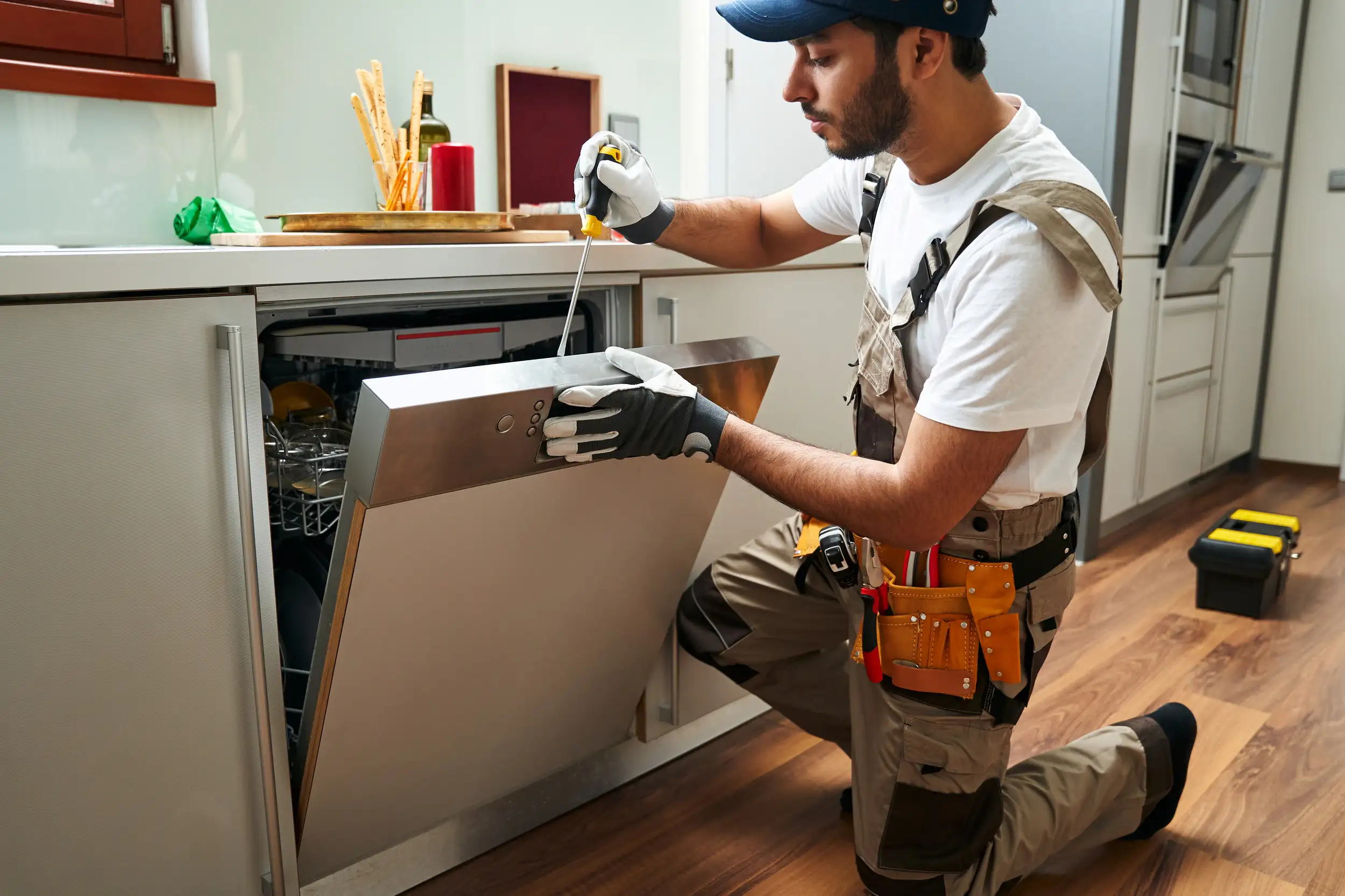 Professional service worker repairing a dishwasher.